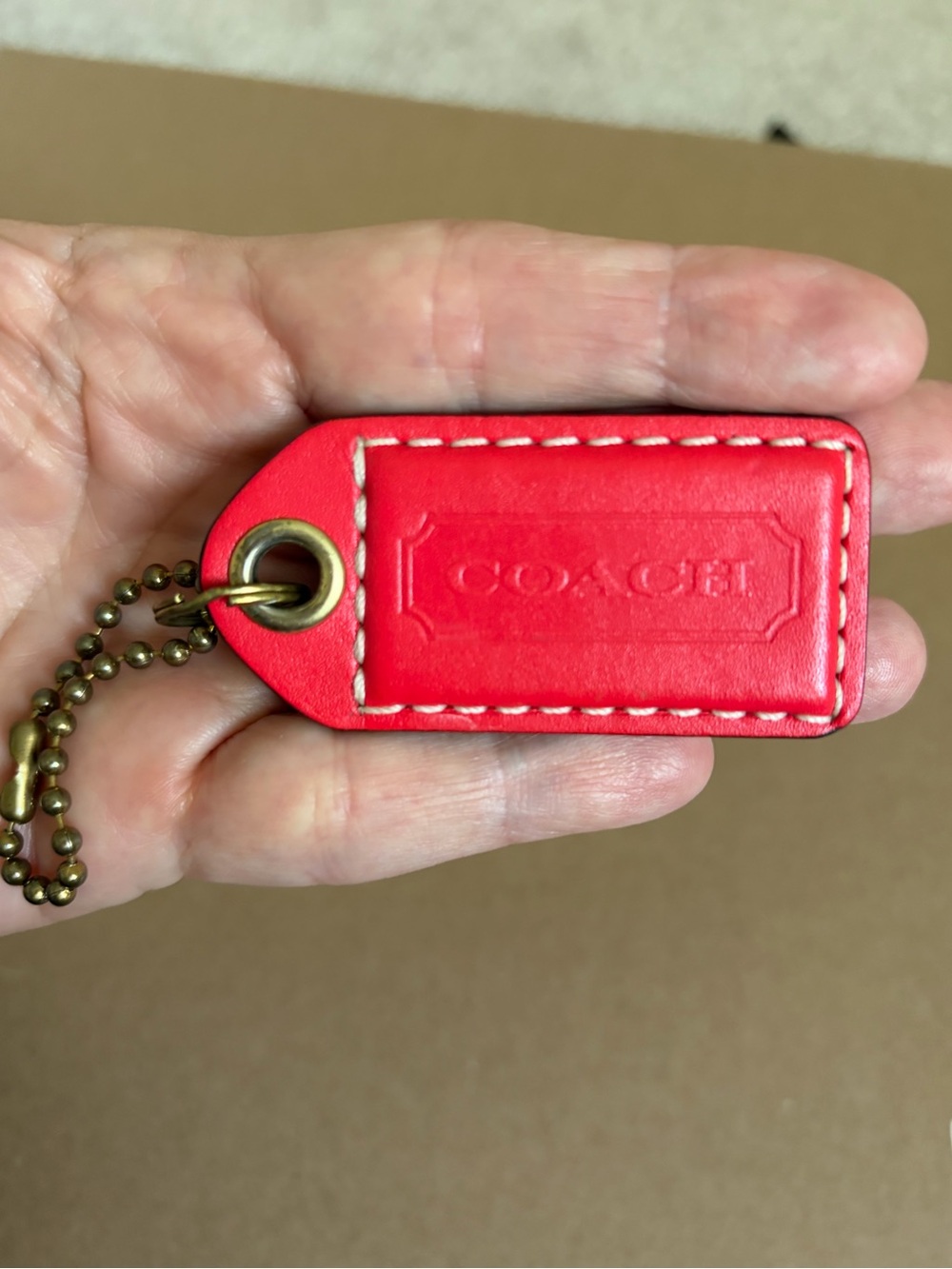 COACH Red Leather Key Tag with Brass Ball Chain